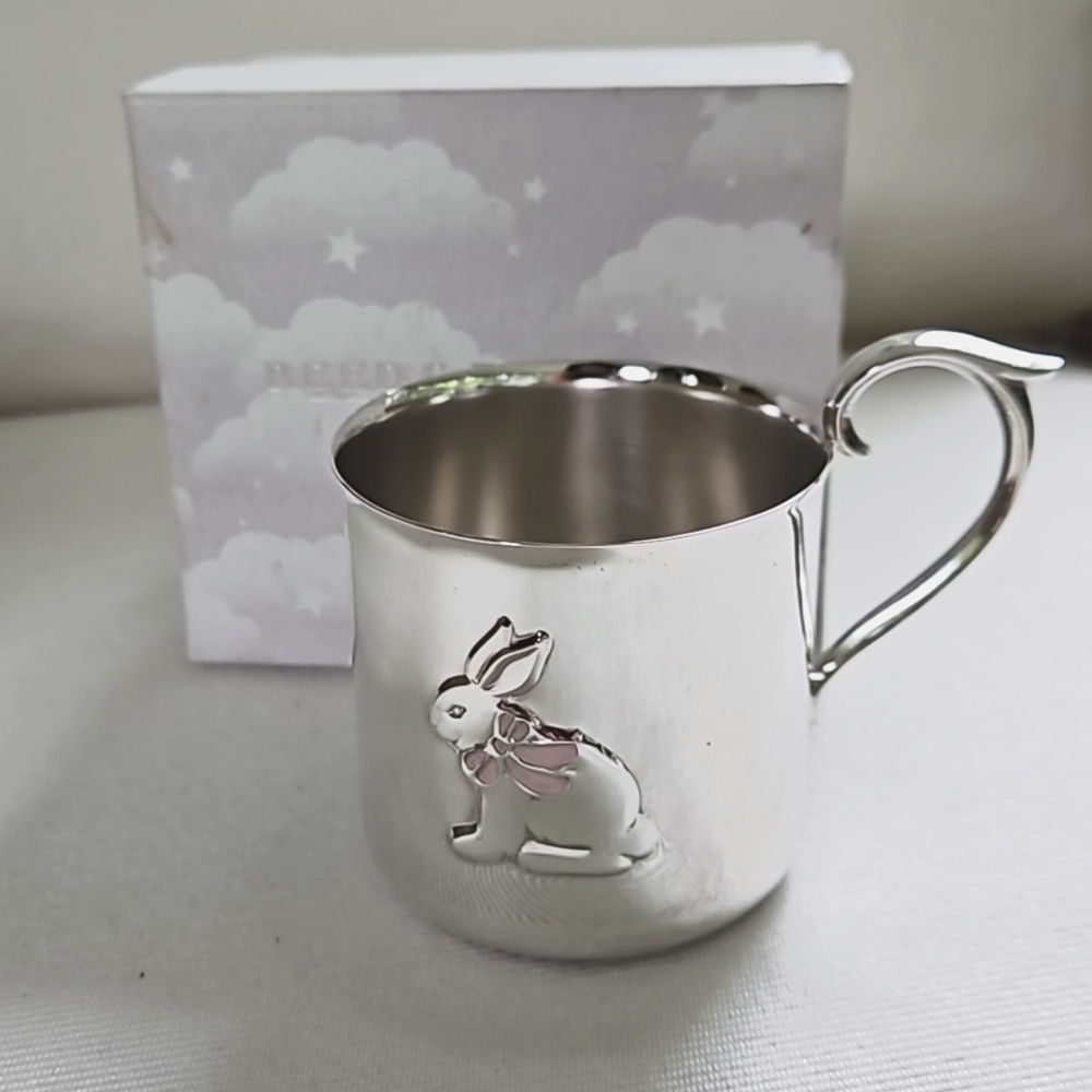 REED & BARTON For Children Silverplated Baby Cup Bunny With PINK Bow W/Box